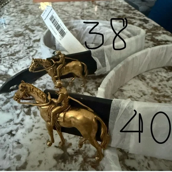 Polo Ralph Lauren Navy Suede Equestrian Belt Gold Horse Buckle Italy Sz 38 - Picture 7 of 17